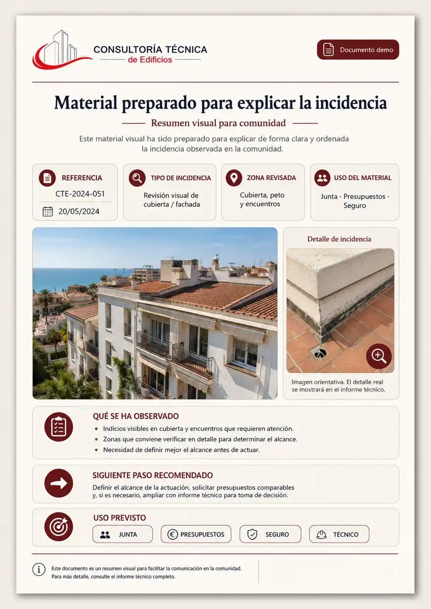 Documento visual preparado para explicar una incidencia en comunidad