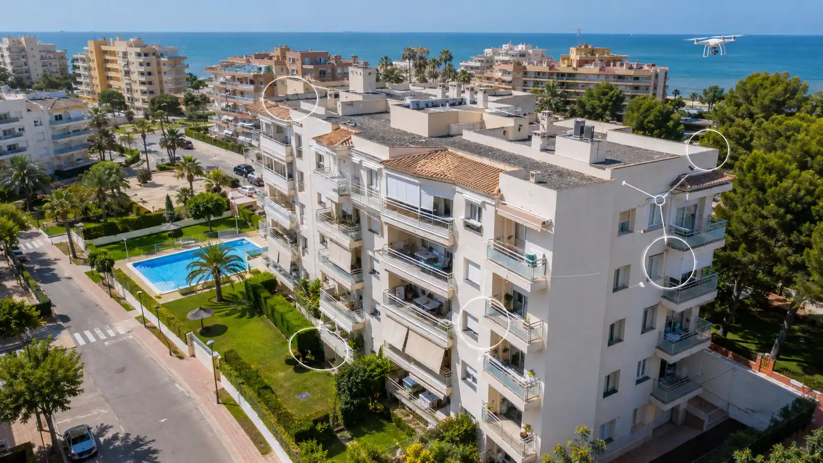 Edificio residencial inspeccionado con dron para una comunidad de propietarios